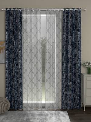 ROSARA HOME chevron Geometric Pack of 4 Regular and Sheer Door Curtains -7 Feet,Navy Blue::White 1