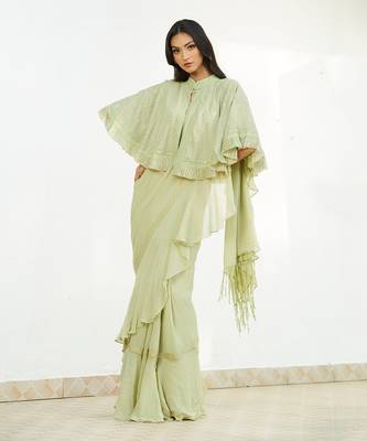 Green Saree Set With Cape 1