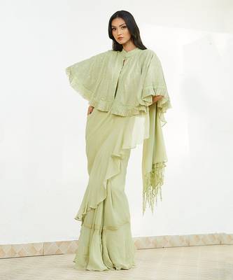 Green Saree Set With Cape 2