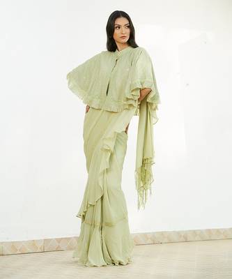 Green Saree Set With Cape 3