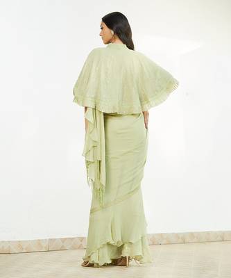 Green Saree Set With Cape 4