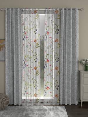 ROSARA HOME chevron Floral Pack of 4 Regular and Sheer Long Door Curtains -9 Feet,Grey::Multicolor 1
