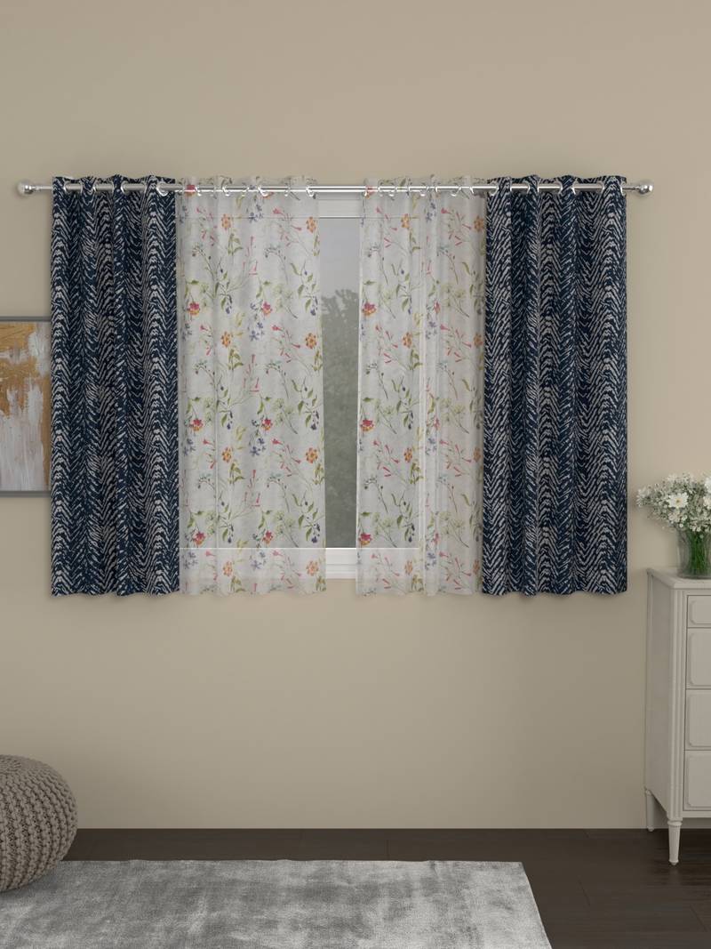 ROSARA HOME chevron Floral Pack of 4 Regular and Sheer Window Curtains -5 Feet,Navy Blue::Multicolor