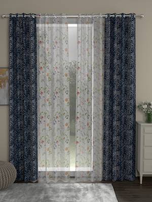 ROSARA HOME chevron Floral Pack of 4 Regular and Sheer Long Door Curtains -9 Feet,Navy Blue::Multicolor 1