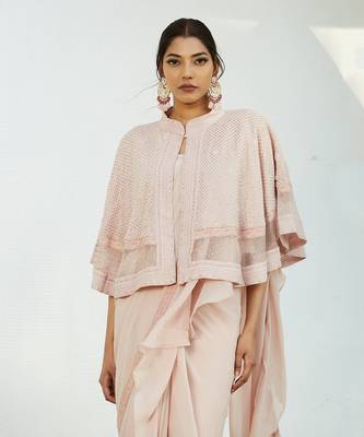 Pink Saree Set With Cape 2