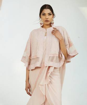 Pink Saree Set With Cape 3