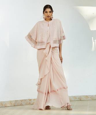 Pink Saree Set With Cape 1
