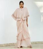 Pink Saree Set With Cape