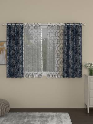 ROSARA HOME chevron Embroidered Pack of 4 Regular and Sheer Window Curtains -5 Feet,Navy Blue::Silver 1