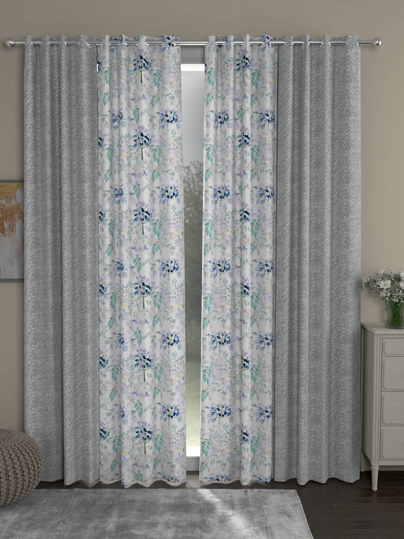 ROSARA HOME chevron Floral Pack of 4 Regular Long Door Curtains -9 Feet,Grey::Blue