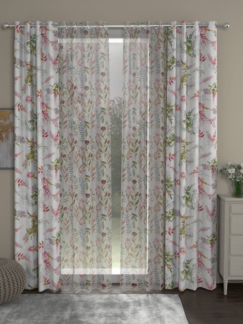 ROSARA HOME Floral Floral Pack of 4 Regular and Sheer Long Door Curtains -9 Feet,Multicolor::Multicolor