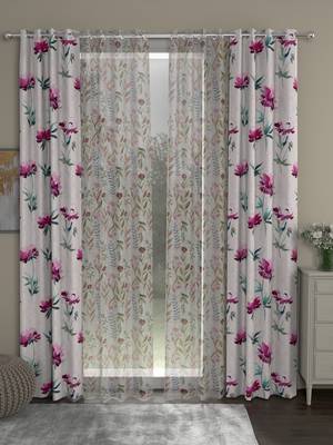 ROSARA HOME Floral Floral Pack of 4 Regular and Sheer Long Door Curtains -9 Feet,Pink::Multicolor 1