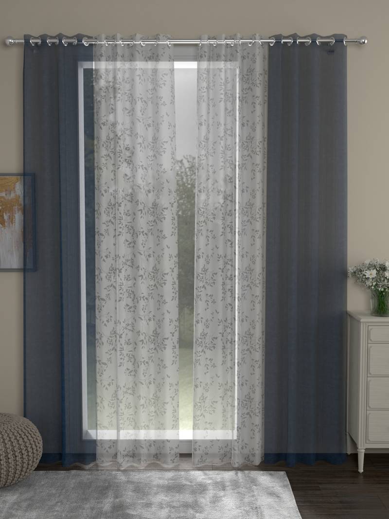 ROSARA HOME Solid Floral Pack of 4 Sheer Door Curtains -7 Feet,Navy Blue::White