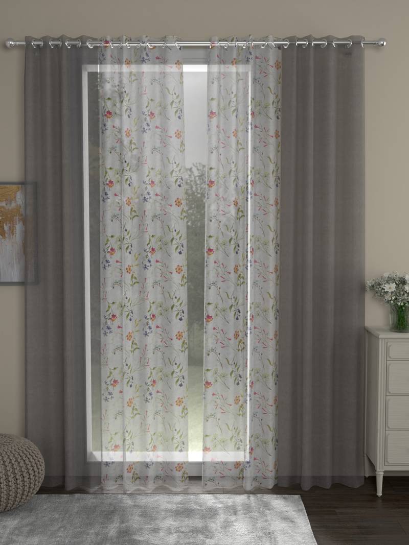 ROSARA HOME Solid Floral Pack of 4 Sheer Door Curtains -7 Feet,Grey::Multicolor