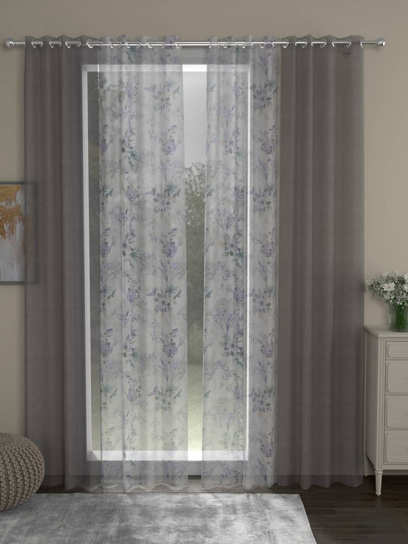 ROSARA HOME Solid Floral Pack of 4 Sheer Door Curtains -7 Feet,Grey::Lavender