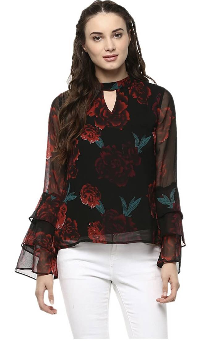 Black printed georgette crop-tops