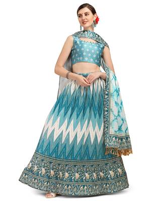Amrutam Fab Sky Blue Color Satin Digital Print Crush Designer Lehenga Choli 3