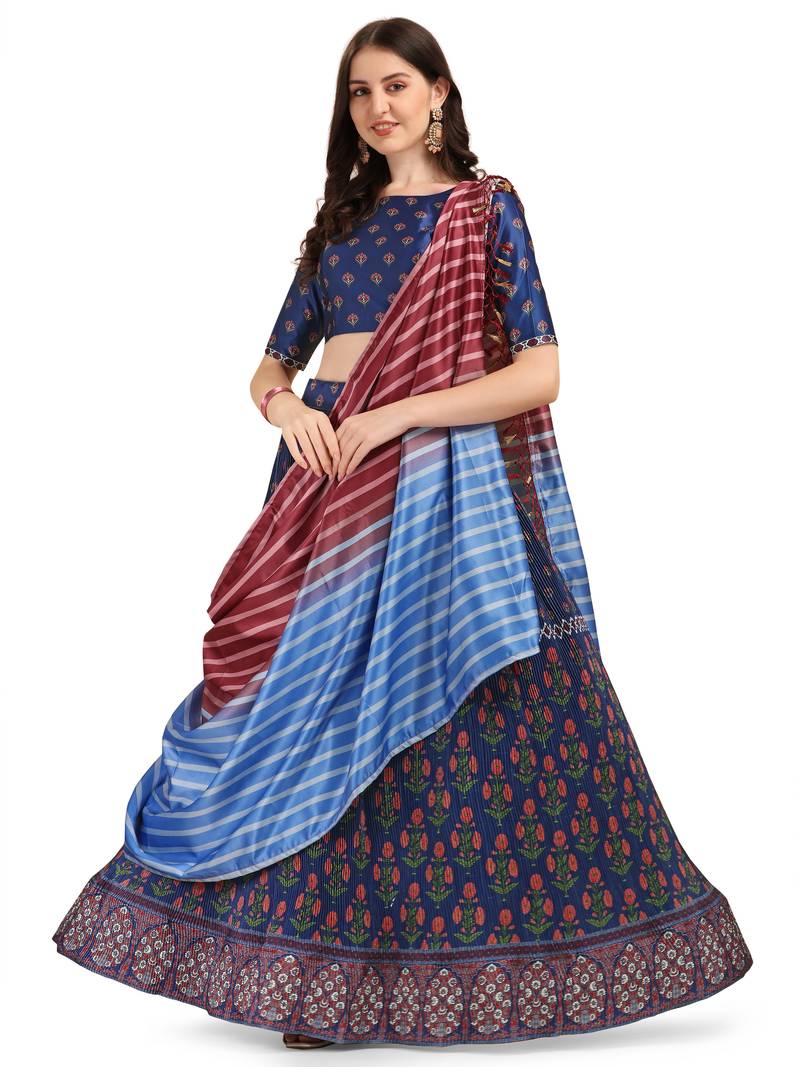 Amrutam Fab blue Color Satin Digital Print Crush Designer Lehenga Choli (LC 3008)