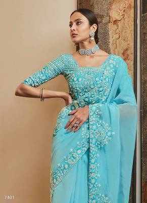 Blue organza Base Saree & blouse & blouse& blouseWith Cut Work and Resham 2