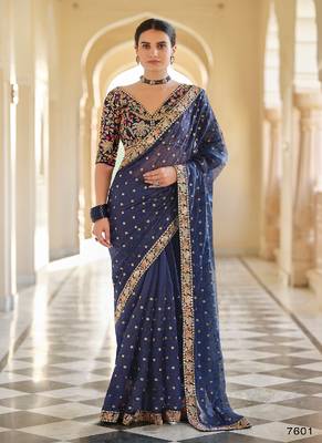 Navy Blue Color Organza With Sequins and Thread Work 1