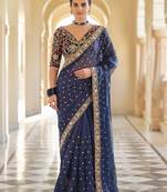 Navy Blue Color Organza With Sequins and Thread Work