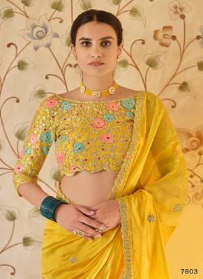 Yellow Color Saree & blouse & blouseOrganza fabric With Sequins and Thread Work 2