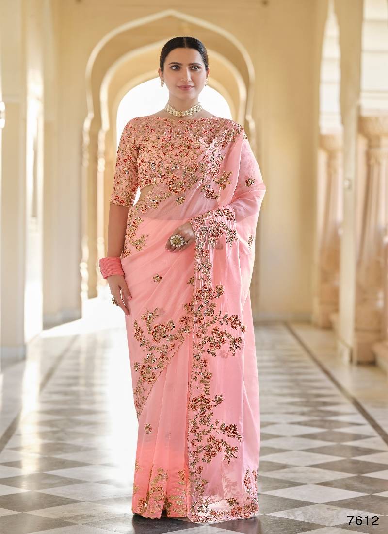 peach Organza Base Saree & blouse & blouseWith Sequins Work