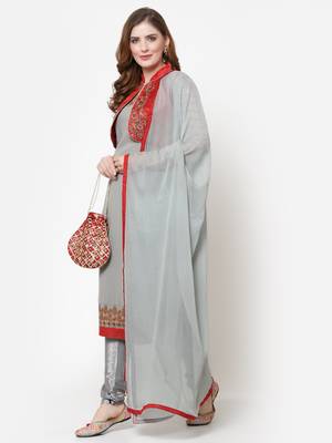 Grey & Red Faux Georgette Embroidered Koti style Salwar Suit 1