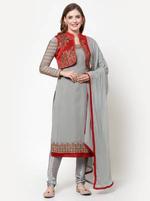 Grey & Red Faux Georgette Embroidered Koti style Salwar Suit 2