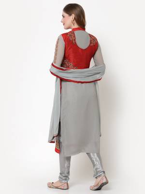 Grey & Red Faux Georgette Embroidered Koti style Salwar Suit 3