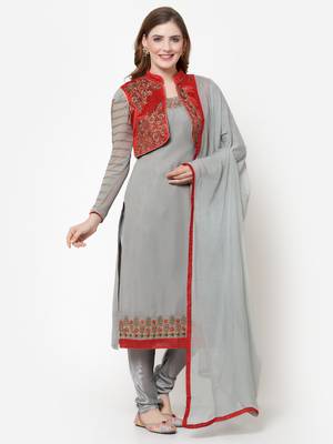Grey & Red Faux Georgette Embroidered Koti style Salwar Suit 4