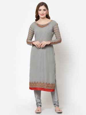 Grey & Red Faux Georgette Embroidered Koti style Salwar Suit 5