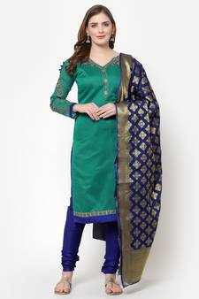 Teal & Blue Chanderi Embroidered Salwar Suit With Banarasi Dupatta