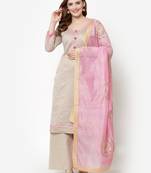 Beige & Pink Chanderi Women's Palazzo Suit With Heavy Embroidered Dupatta