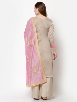 Beige & Pink Chanderi Women's Palazzo Suit With Heavy Embroidered Dupatta 2