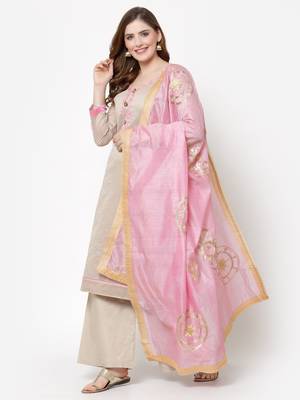 Beige & Pink Chanderi Women's Palazzo Suit With Heavy Embroidered Dupatta 3