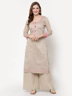 Beige & Pink Chanderi Women's Palazzo Suit With Heavy Embroidered Dupatta 4