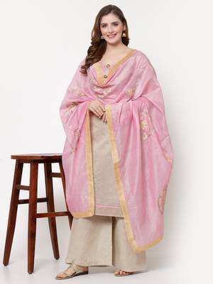 Beige & Pink Chanderi Women's Palazzo Suit With Heavy Embroidered Dupatta 5