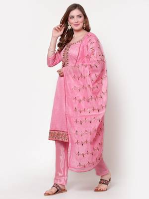Pink Chanderi Sequin Embroidered Dress Material 3