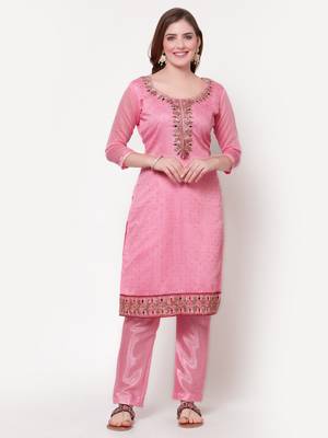 Pink Chanderi Sequin Embroidered Dress Material 4