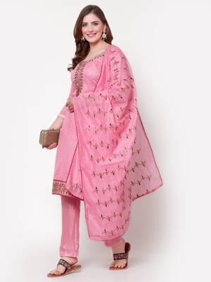 Pink Chanderi Sequin Embroidered Dress Material 5