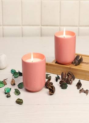 Pink Ceramic Glass Wax Candle Set of 2 1