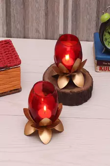 Small Glass Lotus Red Set of 2