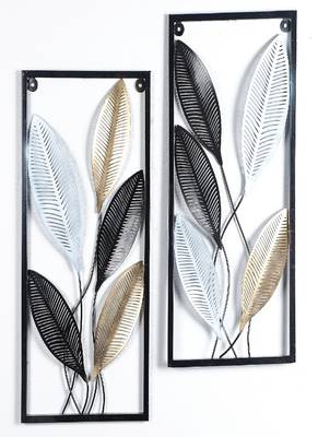 Rectangular Black, Gold, SIlver Leaves Wall Decor Set of 2 3