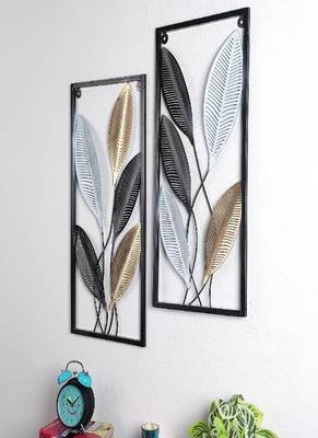 Rectangular Black, Gold, SIlver Leaves Wall Decor Set of 2 4