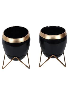 Apple Shape Metal Black & Gold Planter Set of 2 1