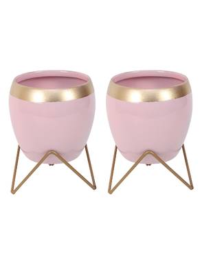 Apple Shape Metal Pink & Gold Planter Set of 2 1