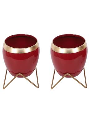 Apple Shape Metal Red & Gold Planter Set of 2 1