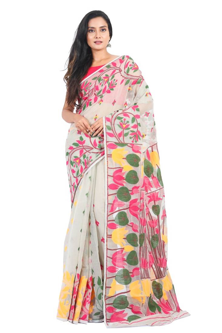 Sweta Cotton Blend Jamdani Saree White 