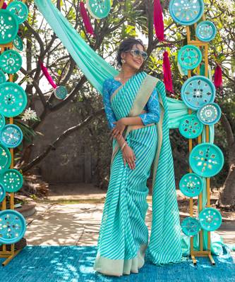 Aqua blue printed linen saree with blouse 1